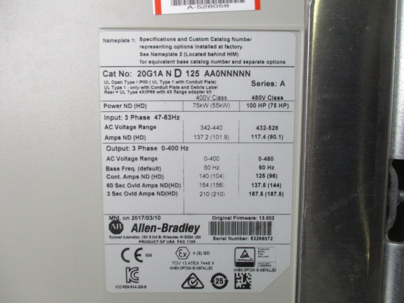 ALLEN BRADLEY 20G1AND125AA0NNNNN SER. A F/W 13.002 432-528VAC 117.4A UNMP