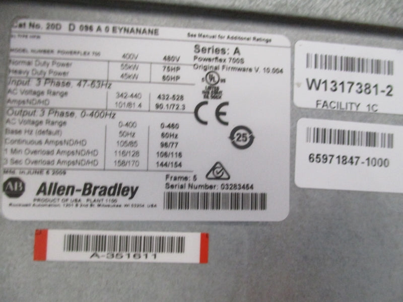 ALLEN BRADLEY 20DD096A0EYNANANE SER. A F/W 10.004 432-528VAC 90.1/72.3A NSNP