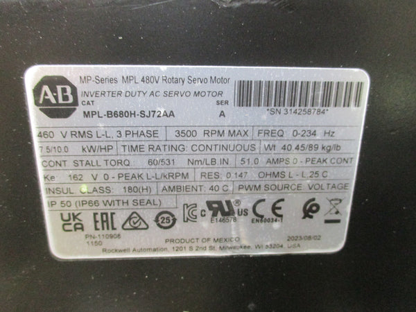 ALLEN BRADLEY MPL-B680H-SJ72AA SER. A 460V 51A NSMP