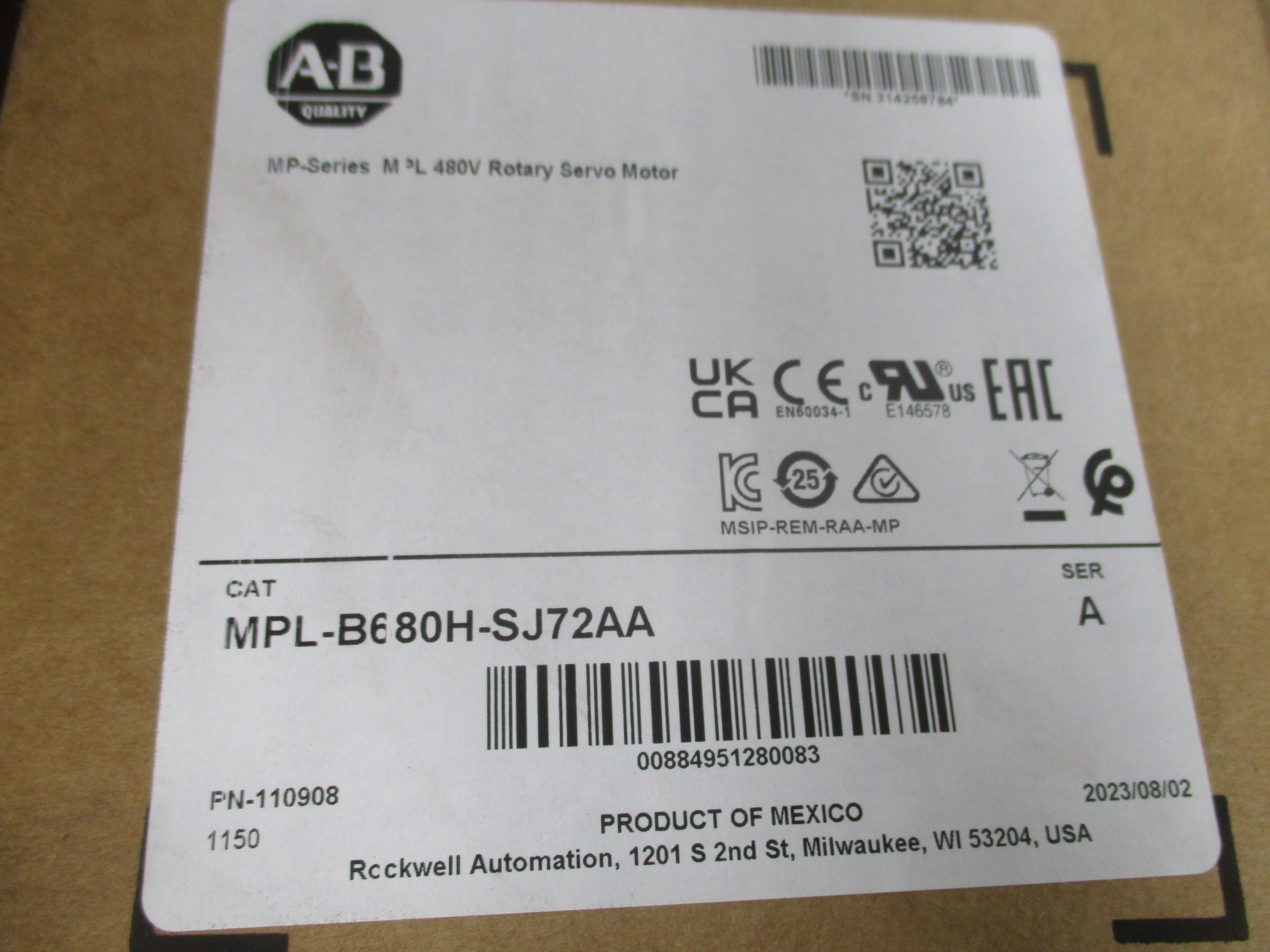 ALLEN BRADLEY MPL-B680H-SJ72AA SER. A 460V 51A NSMP