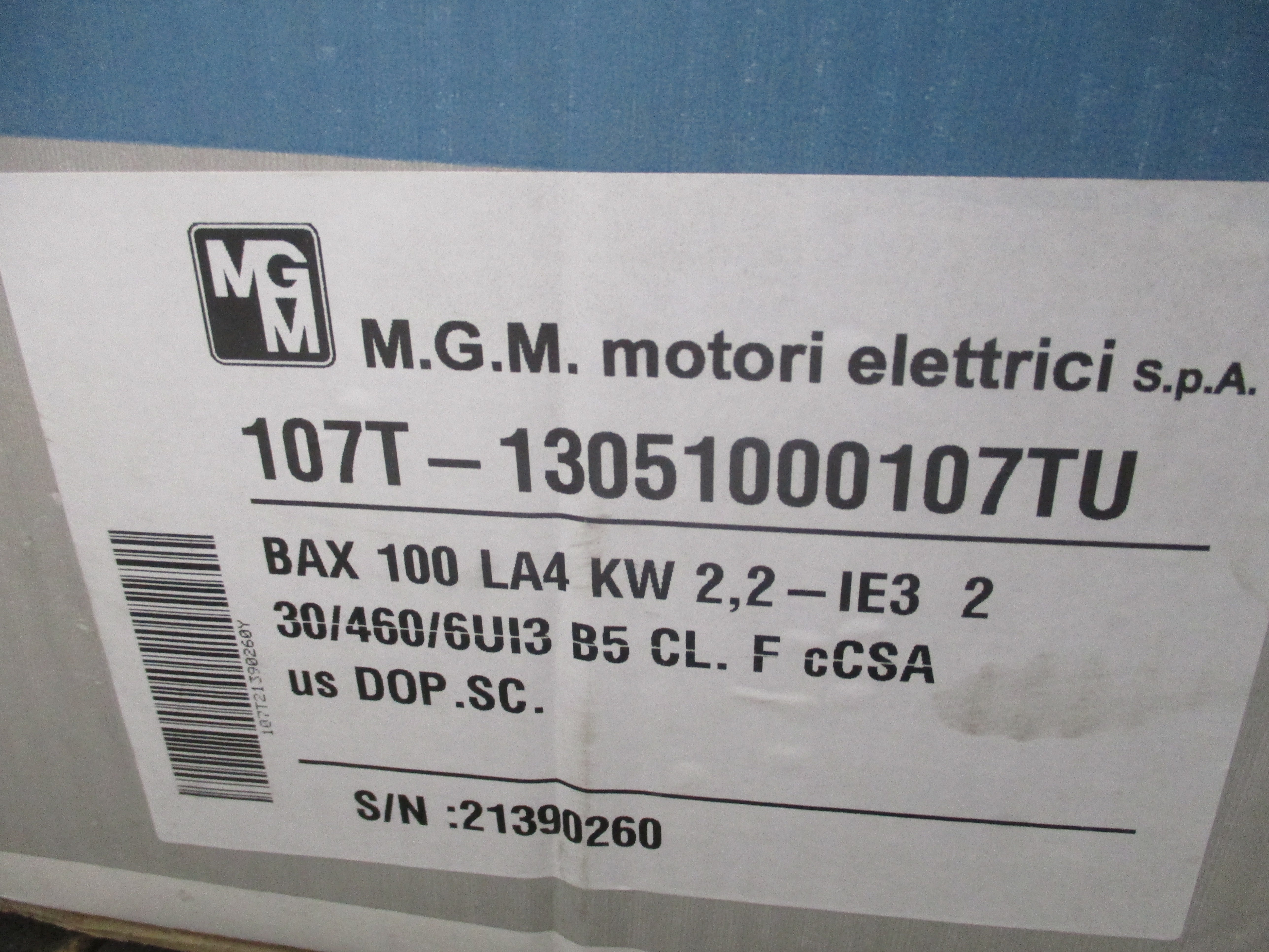 M.G.M. MOTORI 107T-13051000107TU BAX 100 LA4 200/230V 9.6/8.6A NSMP