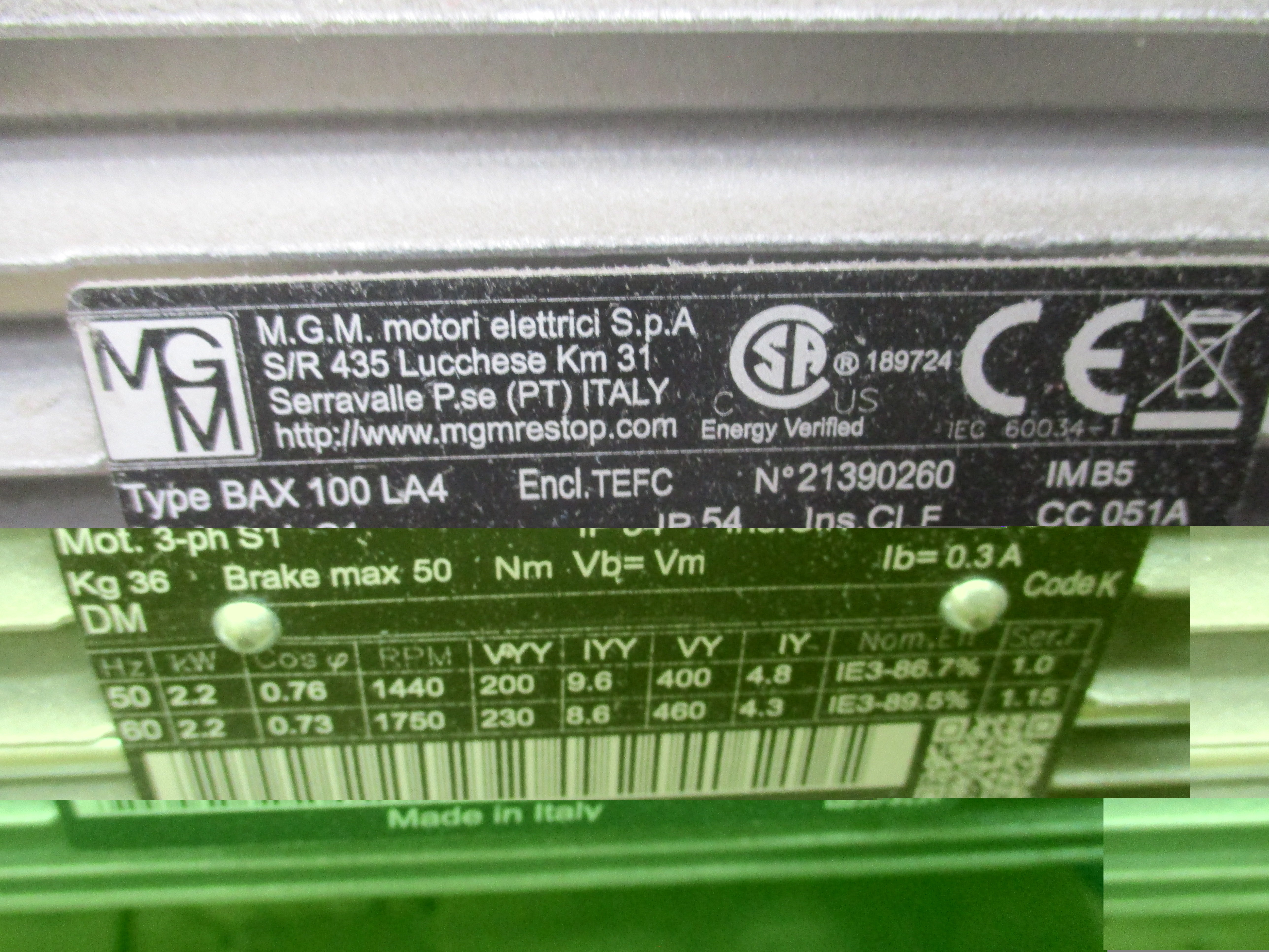 M.G.M. MOTORI 107T-13051000107TU BAX 100 LA4 200/230V 9.6/8.6A NSMP