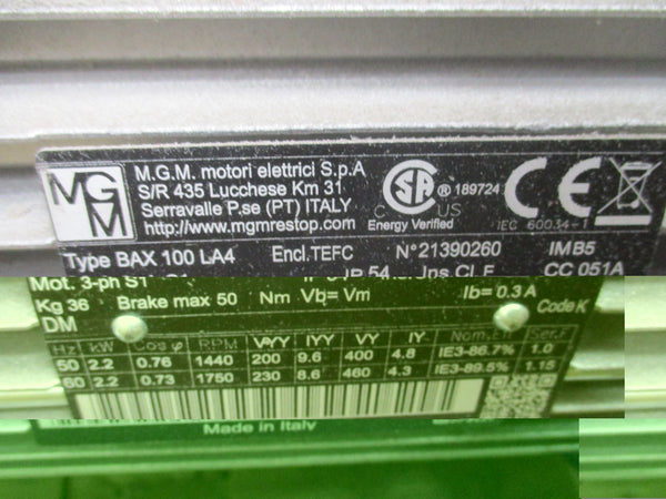 M.G.M. MOTORI 107T-13051000107TU BAX 100 LA4 200/230V 9.6/8.6A NSMP