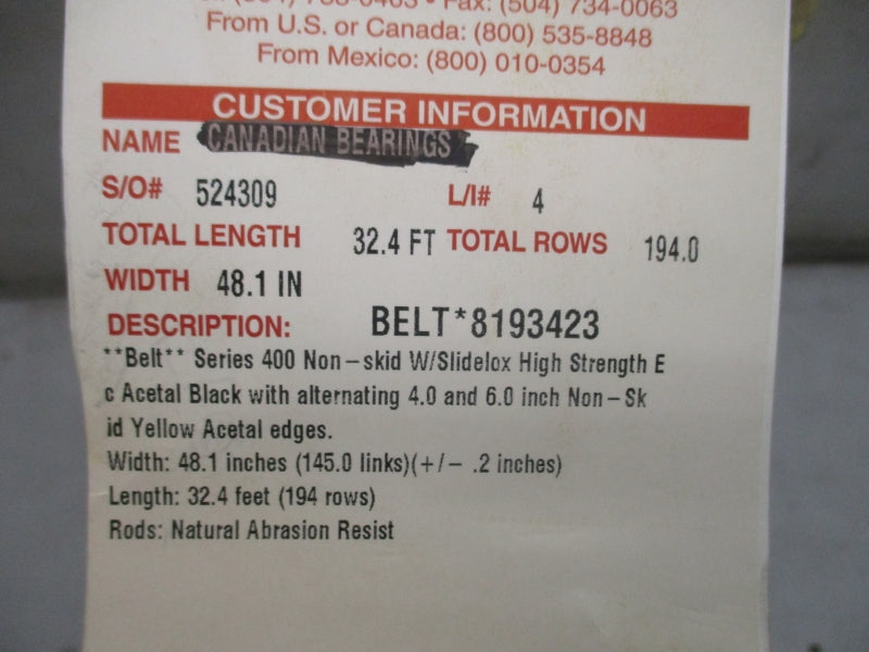 INTRALOX 8193423 SER. 400 48.1 IN WIDE  32.4 LENGTH NSNP