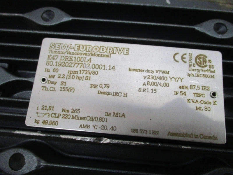 SEW-EURODRIVE K47DRE100L4 230/460V 8/4A NSNP