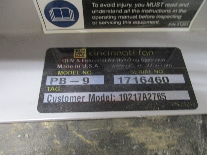 CINCINNATI FAN PB-9 10217A2765 208-230/460V 1.86-1.69/0.843A NSNP