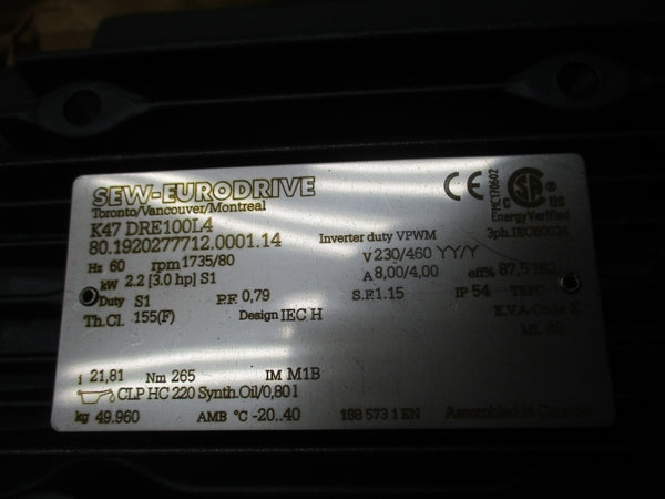 SEW-EURODRIVE K47DRE100L4 230/460V 8/4A NSNP