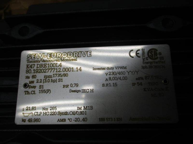 SEW-EURODRIVE K47DRE100L4 230/460V 8/4A NSNP