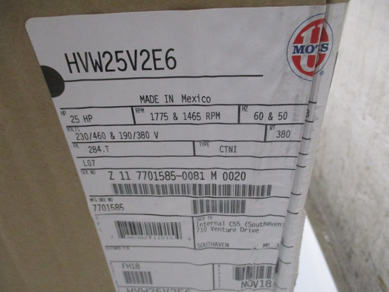 US MOTORS HVW25V2E6 25HP FH18 230/460V 60.00/27.80A NSFS