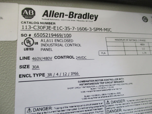 ALLEN BRADLEY 113-C30FJE-E1C-35-7-1606-3-SPM-MIC SER. A 460/480V 30A NSMP