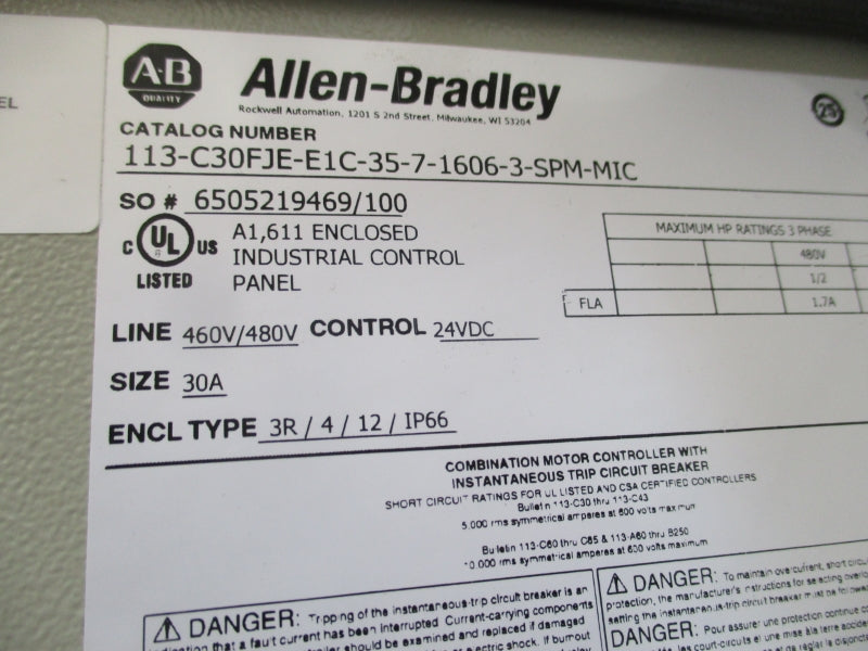 ALLEN BRADLEY 113-C30FJE-E1C-35-7-1606-3-SPM-MIC SER. A 460/480V 30A NSMP