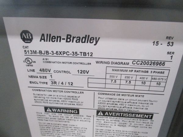 ALLEN BRADLEY 513M-BJB-3-6XPC-35-TB12 SER. 1 480V REV 15-53 NSNP