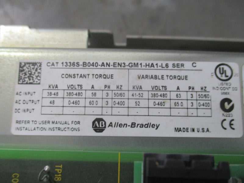 ALLEN BRADLEY 1336S-B040-AN-EN3-GM1-HA1-L6 SER. C 380-480V 58A REMAN