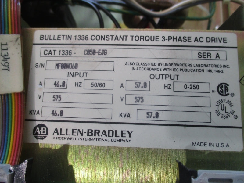 ALLEN BRADLEY 1336-C050-EJG-FA2-S1-L3  SER. A 575V 46A NSMP