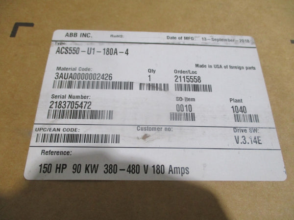 ABB ACS550-U1-180A-4 F/W V.3.14E 380/480VAC 180A NSMP