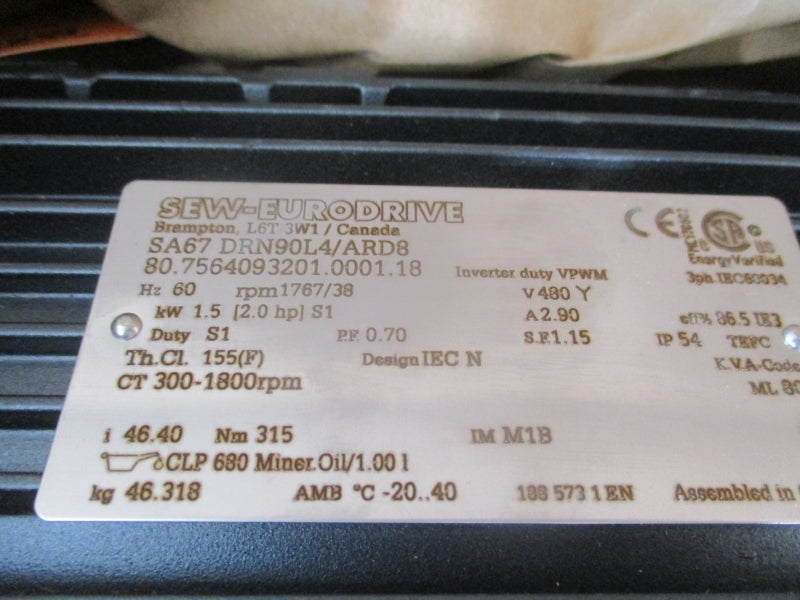 SEW-EURODRIVE SA67 DRN90L4/ARD8 480V 2.90A NSMP