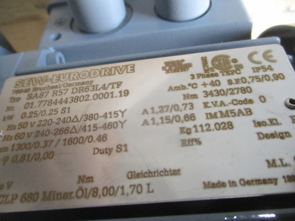 SEW-EURODRIVE SA87 R57 DR63L4/TF 240-266/415-460V 1.15/0.66A NSNP