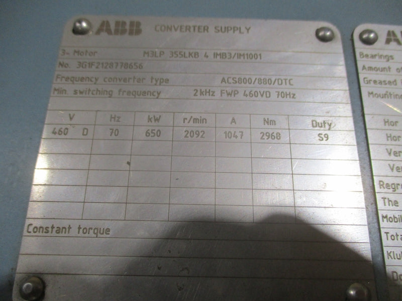 ABB 3G1F2128778656 M3LP 355LKB 4 IMB3/IM1001 460V 1047A NSNP