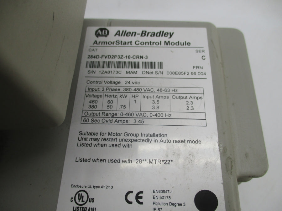 ALLEN BRADLEY 284D-FVD2P3Z-10-CRN-3 SER. C F/W 66.004 460V 3.5A (AS PICTURED) UNMP
