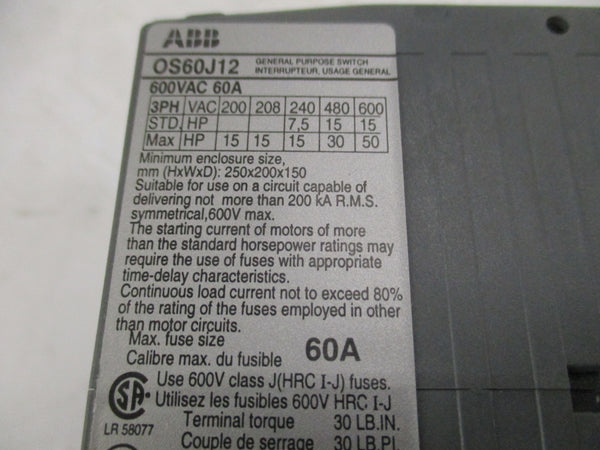 ABB OS60J12P 1SCA022434R8290 600VAC 60A (AS PICTURED) NSMP