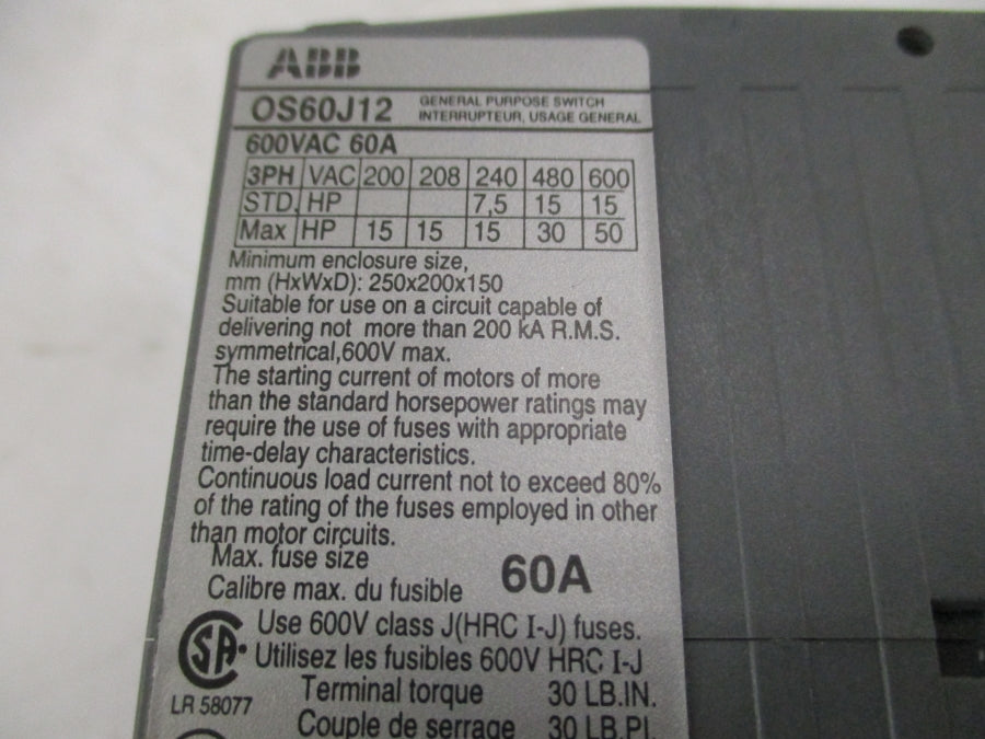 ABB OS60J12P 1SCA022434R8290 600VAC 60A (AS PICTURED) NSMP