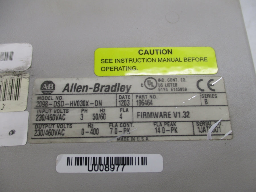 ALLEN BRADLEY 2098-DSD-HV030X-DN 196464 SER. B F/W V1.32 230/460VAC UNMP