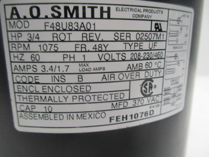 A.O.SMITH F48U83A01 MOTOR 3/4 HP 1075 RPM  UNMP