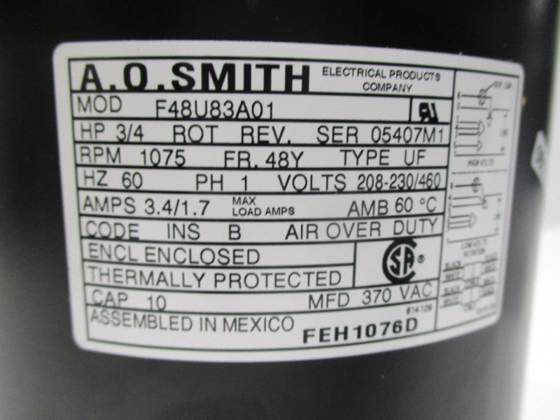 A.O.SMITH F48U83A01 MOTOR 3/4 HP 1075 RPM  NSMP