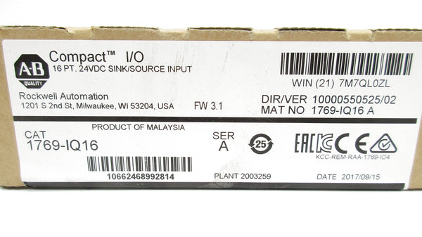ALLEN BRADLEY 1769-IQ16 SER. A F/W 3.1 24VDC DATE: 2017 NSFS