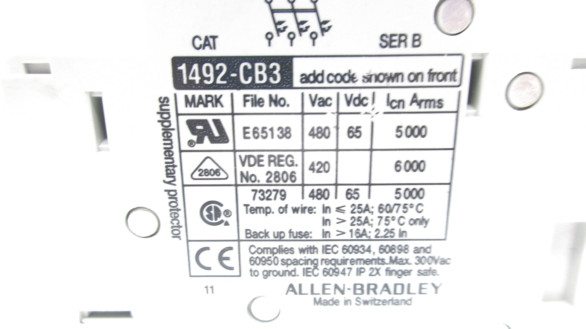 ALLEN BRADLEY 1492-CB3H300 SER. B 30A 480VAC NSNP