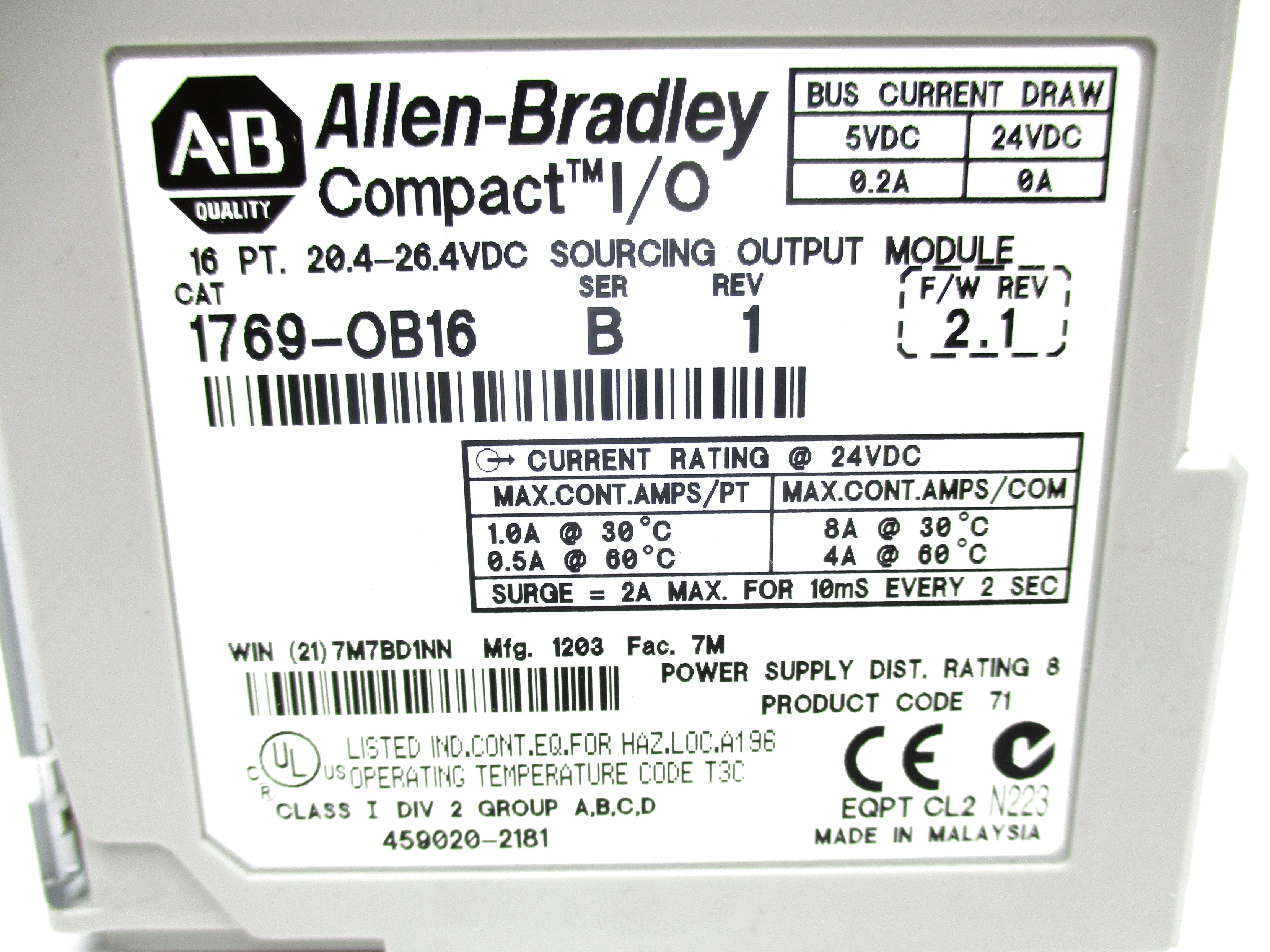 ALLEN BRADLEY 1769-OB16 SER. B F/W 2.1 24VDC 0.2A NSNP