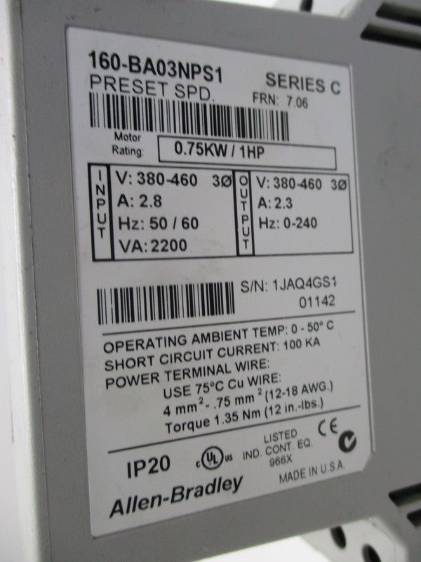 ALLEN BRADLEY 160-BA03NPS1 SER. C F/W 7.06  UNMP