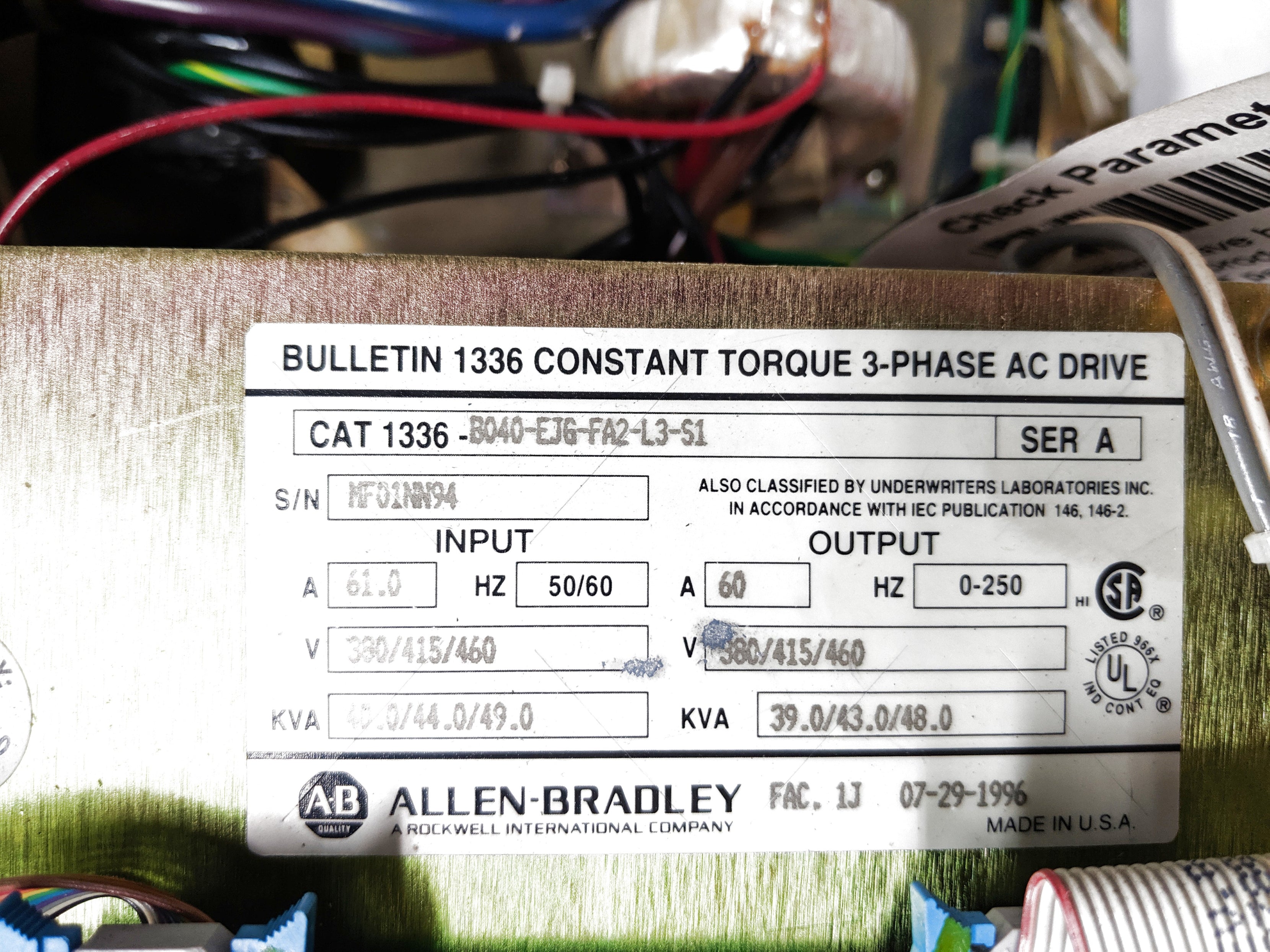 ALLEN BRADLEY 1336-B040-EJG-FA2-L3-S1 SER. A UNMP