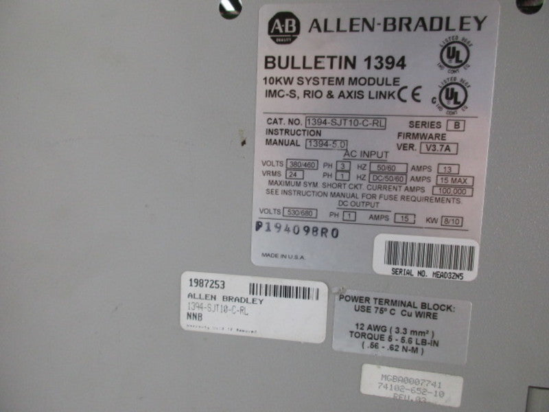 ALLEN BRADLEY 1394-SJT10-C-RL SER. B DIGITAL SERVO CONTROLLER 308/460V  UNMP