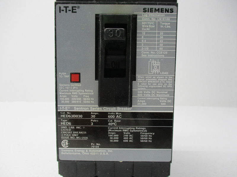 ITE SIEMENS HED63B030 CIRCUIT BREAKER 600VAC 30A  NSMP