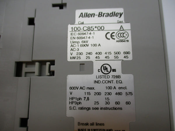 ALLEN BRADLEY 100-C85D10 SER. A 110/120V 100A (BR/WH) NSMP