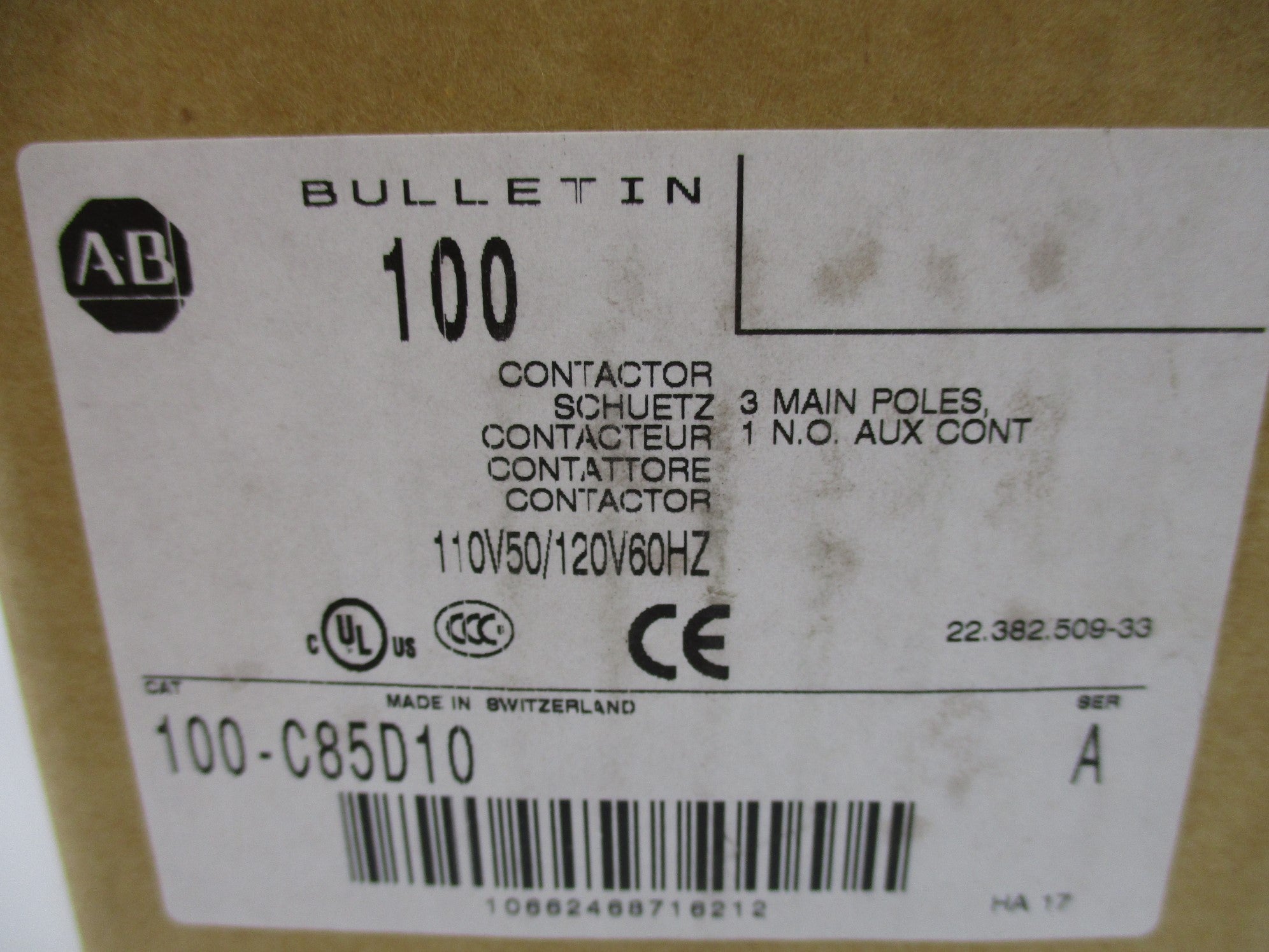 ALLEN BRADLEY 100-C85D10 SER. A 110/120V 100A (BR/WH) NSMP
