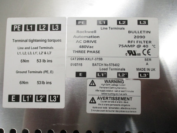 ALLEN BRADLEY 2090-XXLF-375B SER. A 480VAC 75A NSMP