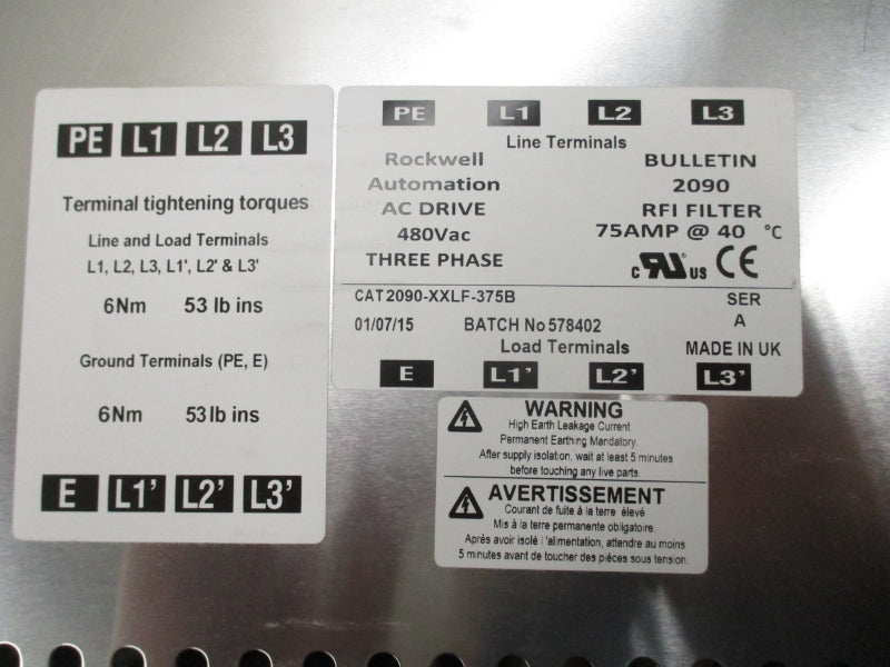 ALLEN BRADLEY 2090-XXLF-375B SER. A 480VAC 75A NSMP