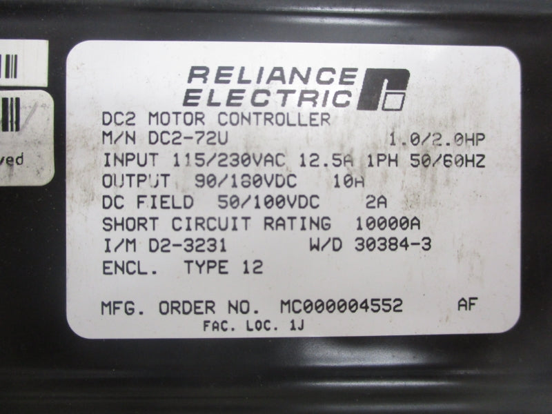 RELIANCE ELECTRIC DC2-72U 115/230VAC 12.5A NSNP