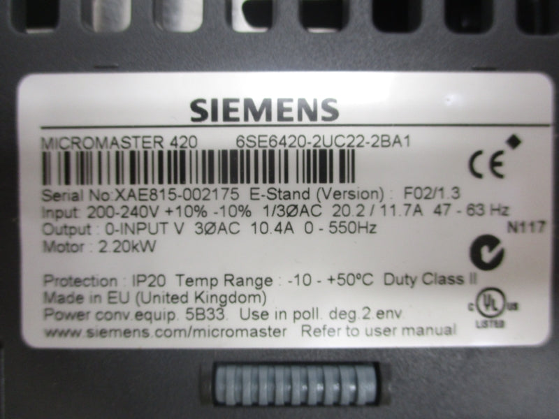 SIEMENS 6SE6420-2UC22-2BA1 200-240V 11.7A NSMP
