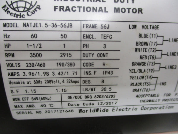 WORLDWIDE ELECTRIC NATJE1.5-36-56JB 230/460V 3.96/1.71A NSNP