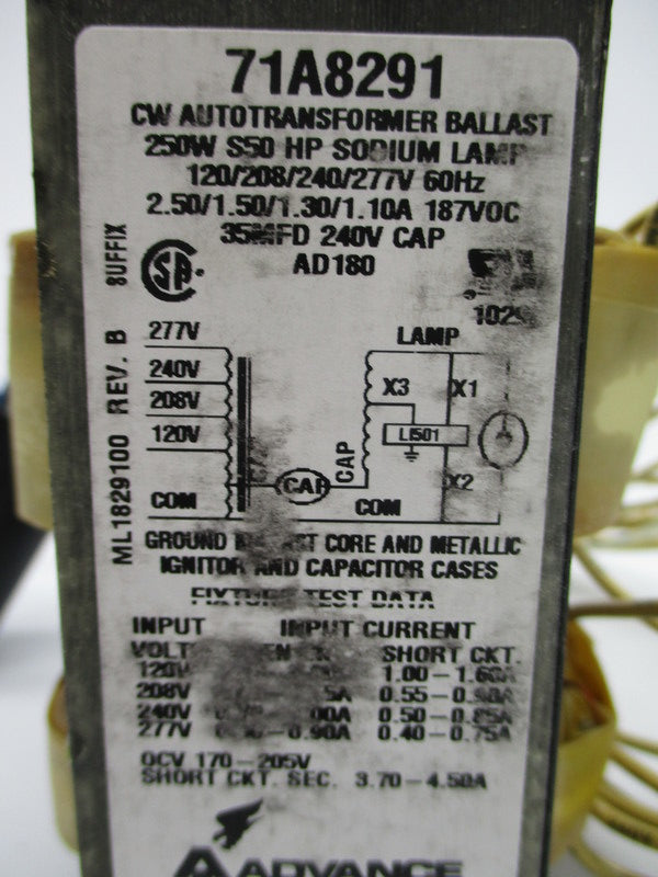ADVANCE 71A8291 SODIUM BALLAST UNMP