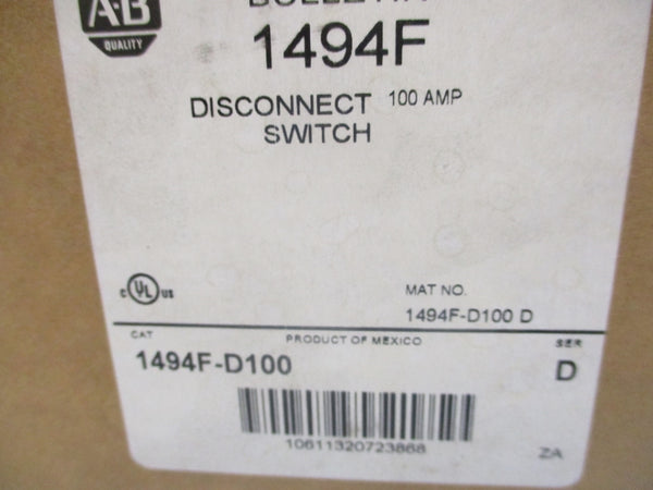 ALLEN BRADLEY 1494F-D100 SER. D 600VAC 100A (BR/WH) NSMP