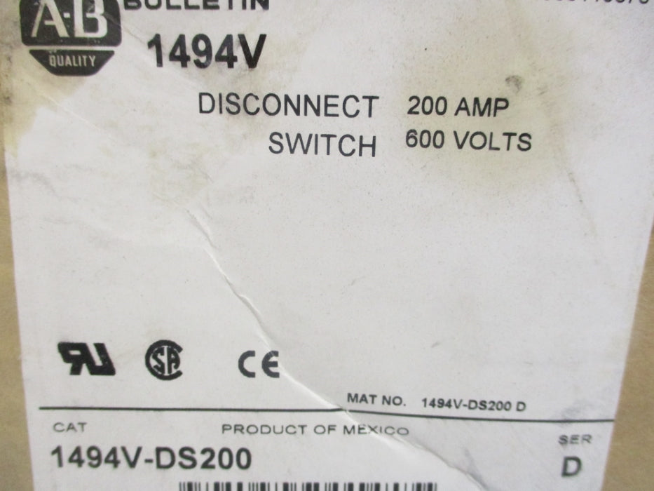ALLEN BRADLEY 1494V-DS200 SER. D 600V 200A (BR/WH) NSMP