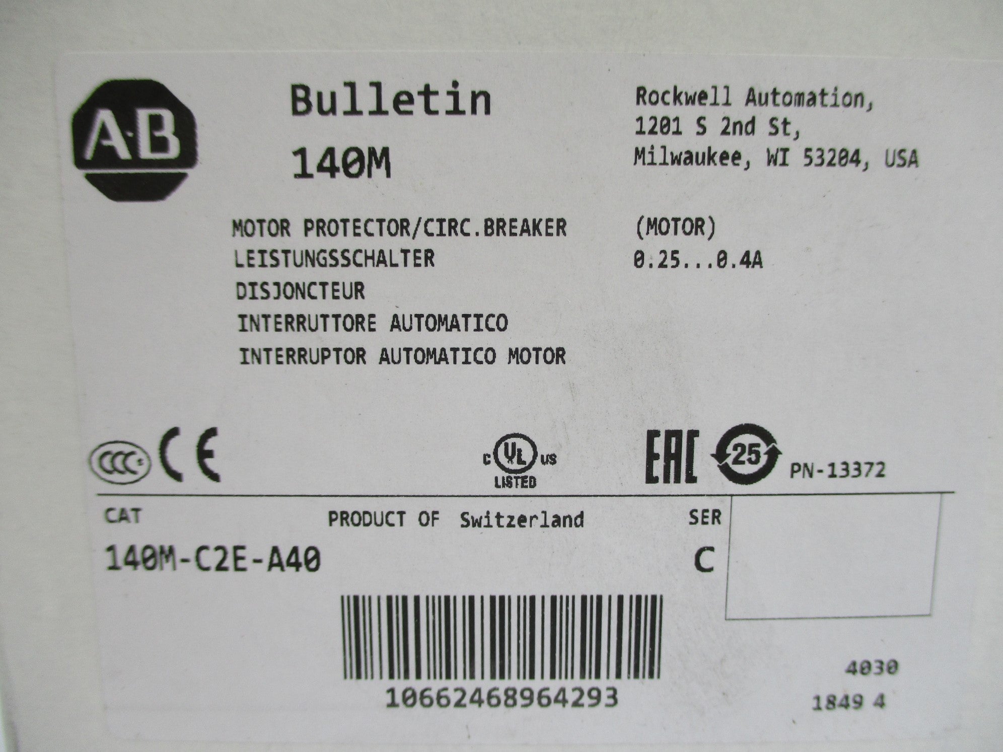 ALLEN BRADLEY 140M-C2E-A40 SER. C 690V 0.25-0.4A NSMP