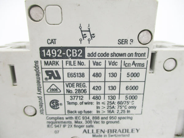 ALLEN BRADLEY 1492-CB2H020 SER. B 2A 480VAC UNMP