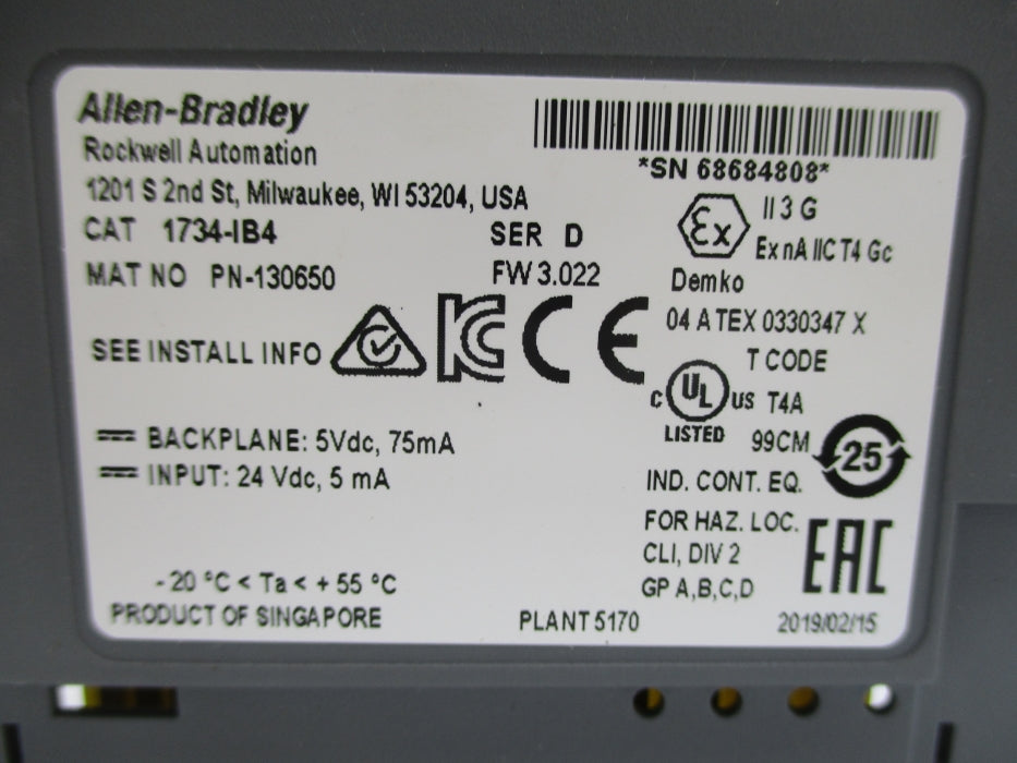 ALLEN BRADLEY 1734-IB4 SER. D F/W 3.022 24VDC UNMP