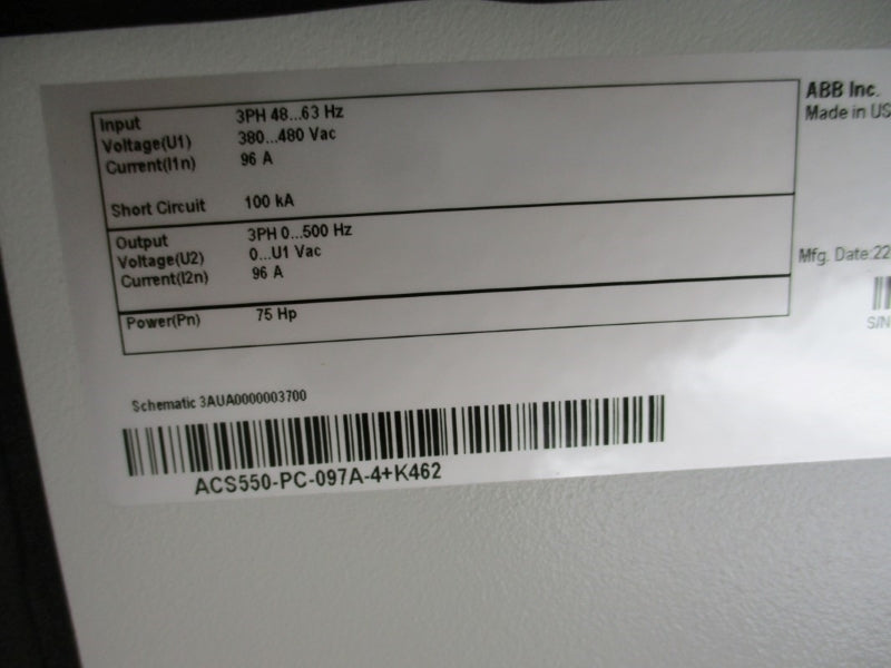 ABB 31H1V2B77 ACS550-PC-097A-4+K462 480VAC 96A NSMP