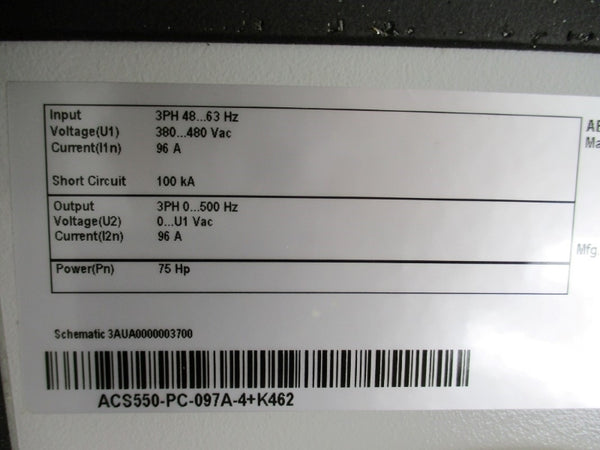 ABB 31H1V2B76 ACS550-PC-097A-4+K462 480VAC 96A NSMP